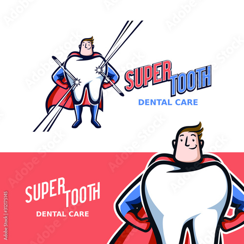 superhero tooth mascot logo with vintage and retro style to represents strong tooth for dentist or dental care
