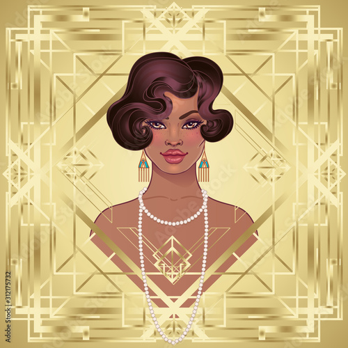 Retro fashion: glamour girl of twenties (African American woman). Vector illustration. Flapper 20's style. Vintage party invitation design template. Fancy black lady.