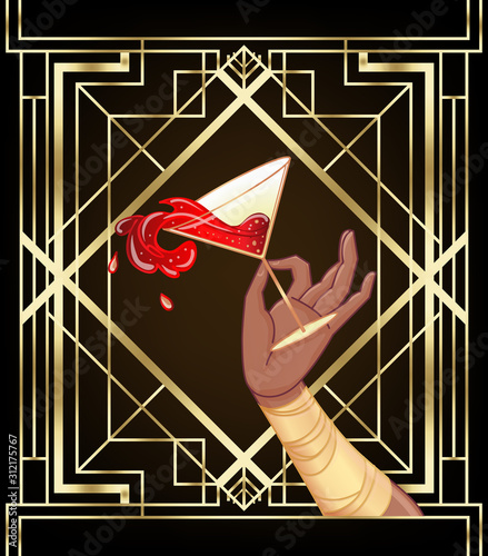 African woman's hand holding cocktail glass with splash. Art deco (1920's style) vintage invitation template design for drink list, bar menu, glamour event, wedding, jazz party flyer. Vector art.