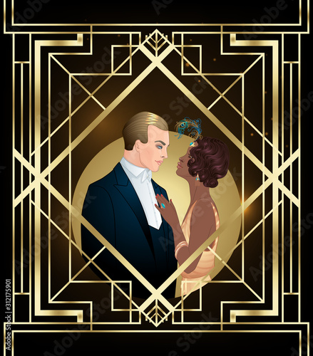 Beautiful multiracial couple in art deco style. Retro fashion: glamour man and woman of twenties. Vector illustration. Flapper 20's style. Vintage party or wedding invitation design template.