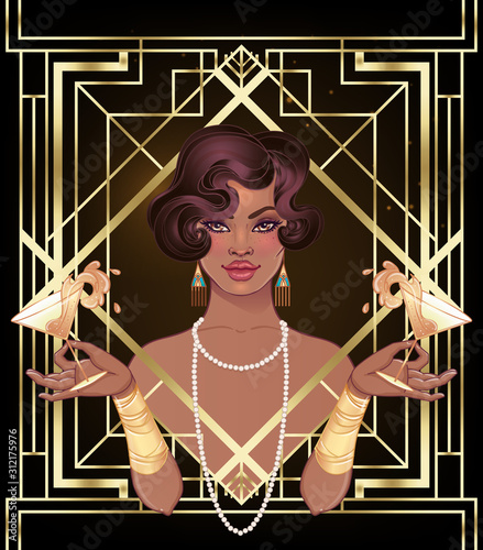 Retro fashion: glamour girl of twenties (African American woman). Vector illustration. Flapper 20's style. Vintage party invitation design template. Fancy black lady.