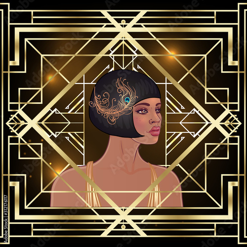 Retro fashion: glamour girl of twenties (African American woman). Vector illustration. Flapper 20's style. Vintage party invitation design template. Fancy black lady.