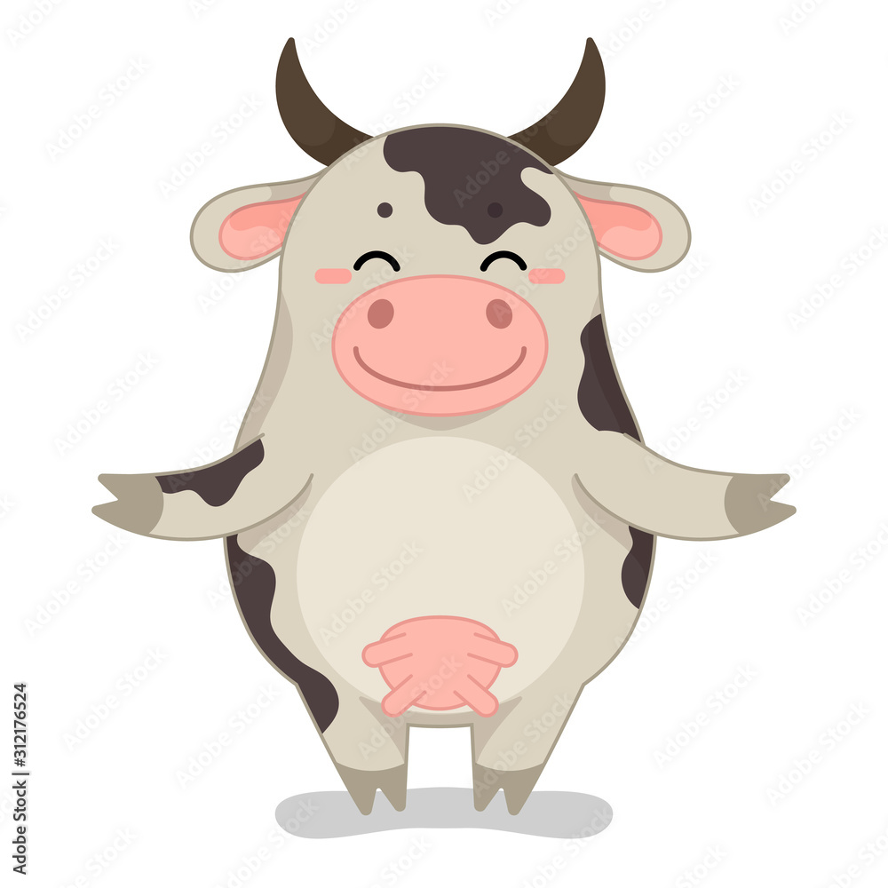 Childish vector illustration with cute happy cow.