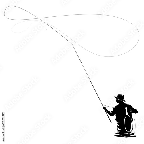 Fly fisherman fishing.clip art black fishing on white background - Vector,silhouette of fisherman