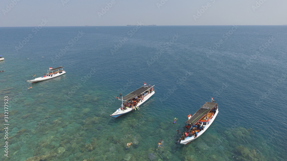 Fototapeta premium Three Boat on the sea view from top