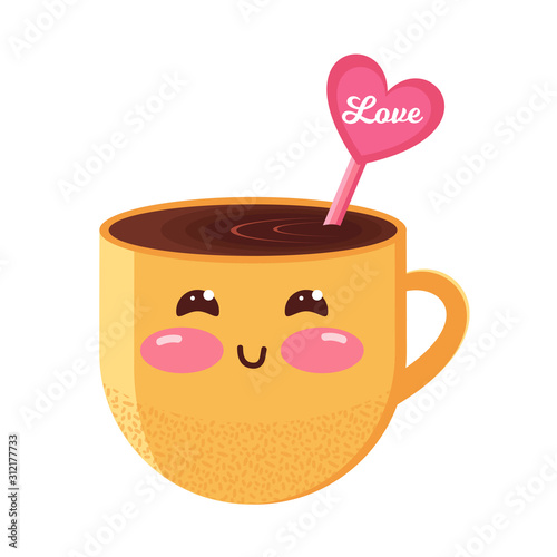 Funny yellow mug of hot chocolate, coffee or cocoa with a pink heart. Kawaii cartoon character. Nice Cup with a sweet drink. Isolated vector object on a white background. Flat style