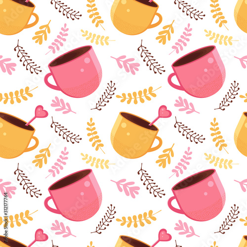 Seamless pattern of yellow and pink color with a mug of hot chocolate, cocoa or coffee with a spoon in the shape of a heart. Warming winter drink in the vector. Background for textile, paper, fabric.