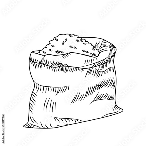 Rice bag. Hand drawn bag of cereals or flour isolated on white background.