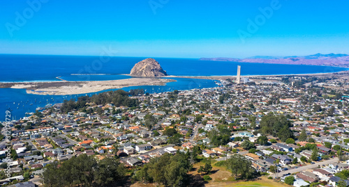Aerial view, Morro Rock is a landmark at Morro Bay on the central California coast photo