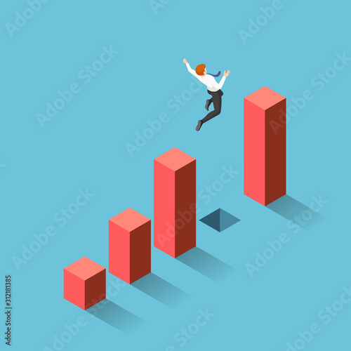 Isometric businessman jumping through the gap between graph