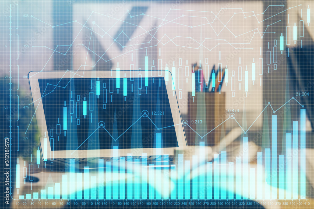 Multi exposure of graph and financial info and work space with computer background. Concept of international online trading. Multi exposure of graph and financial info and work space with computer background. Concept of international online trading.