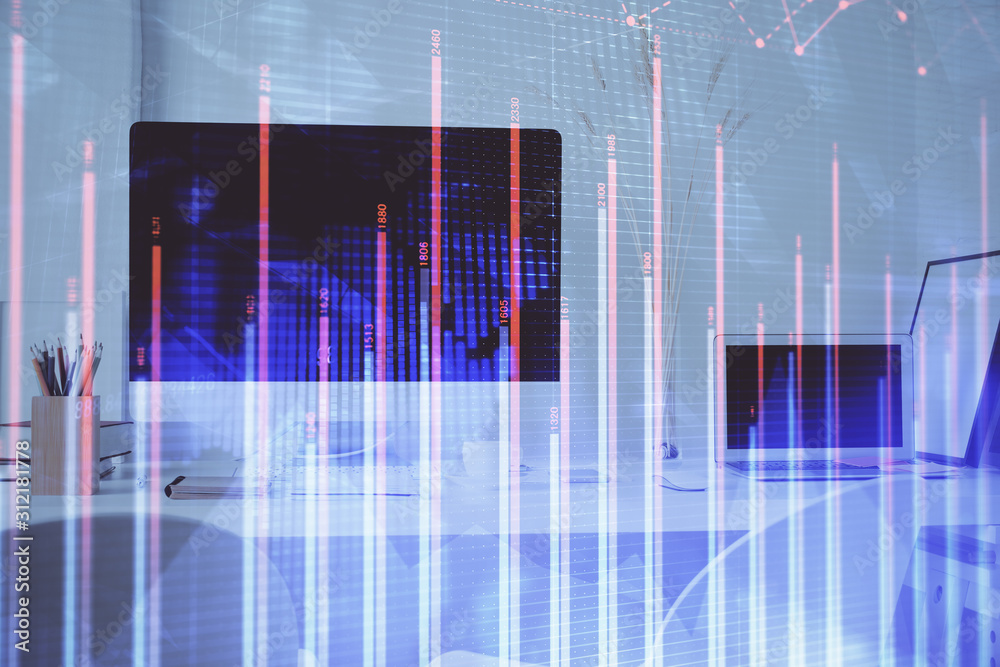 Forex Chart hologram on table with computer background. Multi exposure. Concept of financial markets. Forex Chart hologram on table with computer background. Multi exposure. Concept of financial markets.