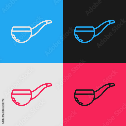 Color line Smoking pipe with smoke icon isolated on color background. Tobacco pipe. Vintage style drawing. Vector Illustration