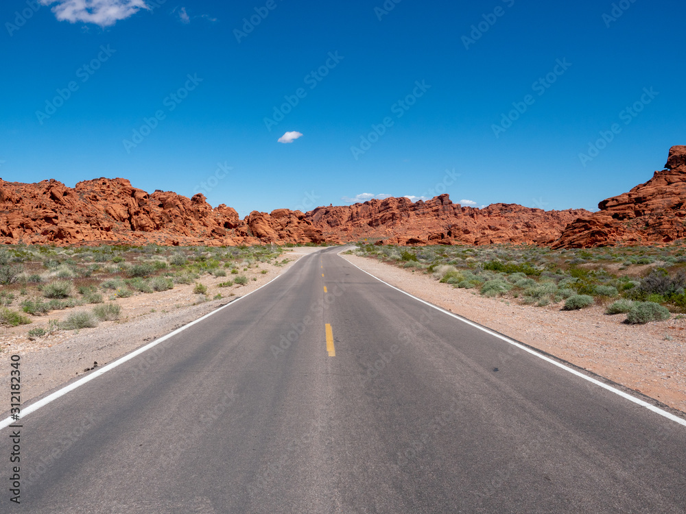 Road view Valley of Fire HIghway with desert scenery in Valley of FIre State Park, Nevada, near Las Vegas, sunny spring day, USA