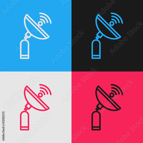 Color line Radar icon isolated on color background. Search system. Satellite sign. Vintage style drawing. Vector Illustration