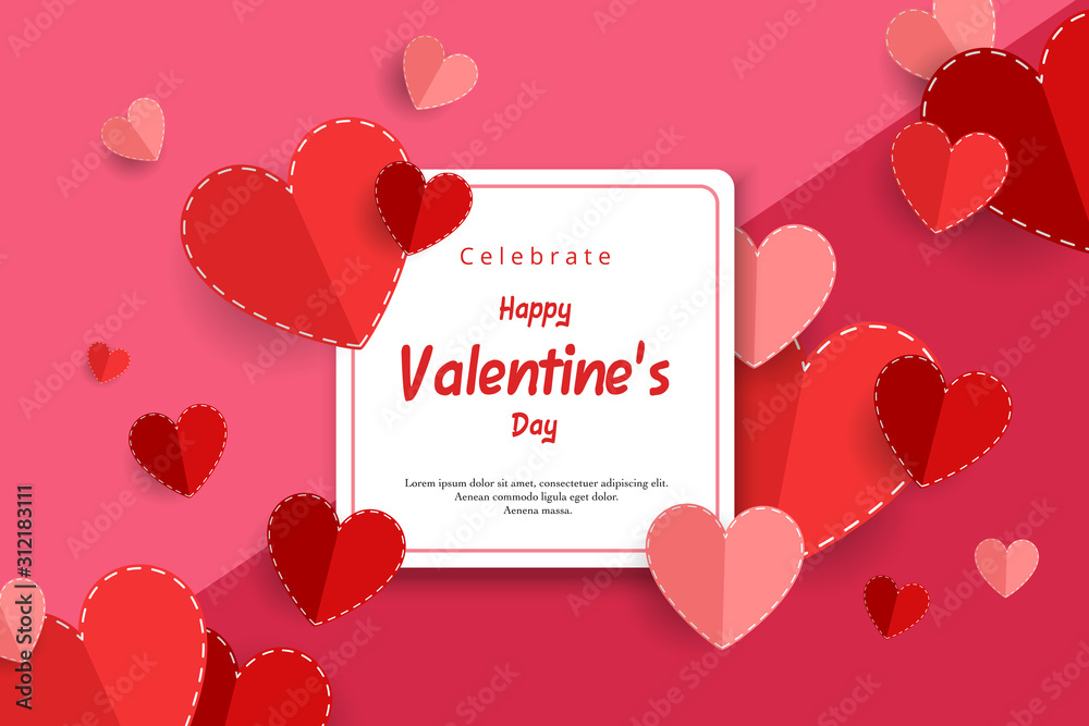 Plakat Happy valentine's day greeting card. Vector illustration of red and pink paper hearts with white square frame