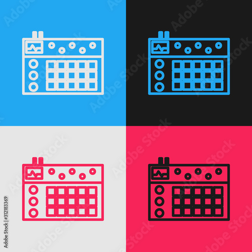 Color line Drum machine icon isolated on color background. Musical equipment. Vintage style drawing. Vector Illustration