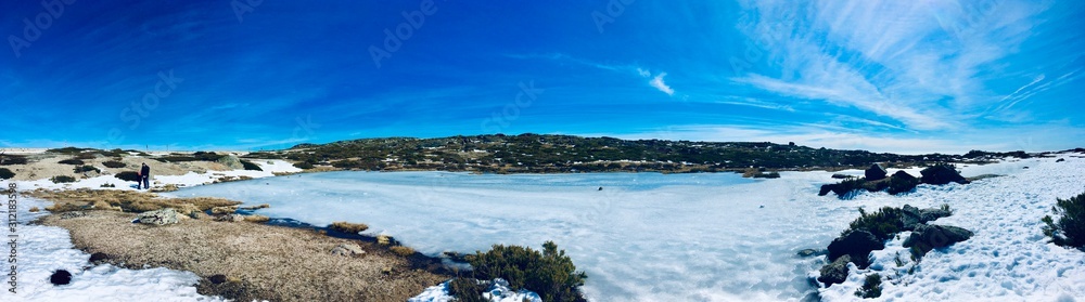 panorama of frozen lake in winter
