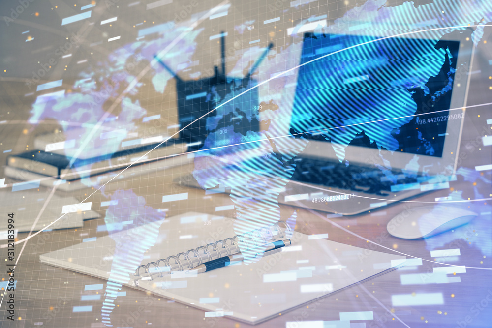 Double exposure of computer and technology theme drawing. Concept of innovation. Double exposure of computer and technology theme drawing. Concept of innovation.