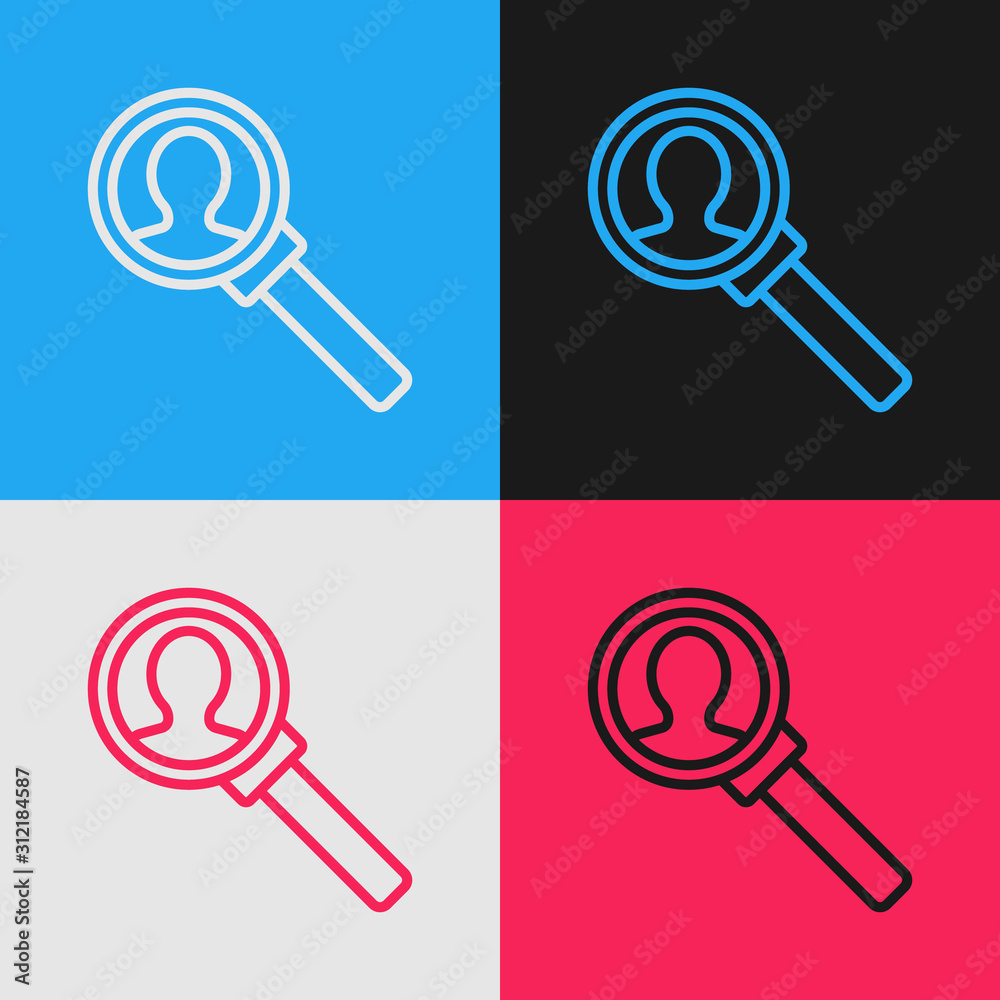 Color line Magnifying glass for search icon isolated on color background. Recruitment or selection concept. Search for employees and job. Vintage style drawing. Vector Illustration