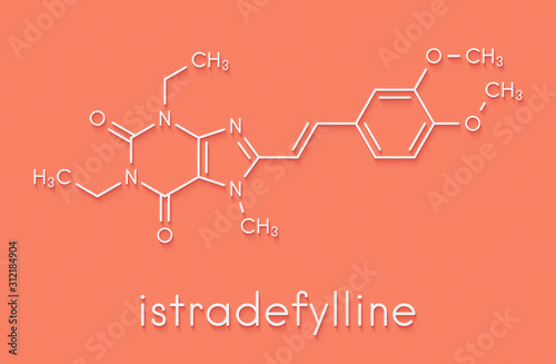 Istradefylline Parkinson's disease drug molecule. Skeletal formula. photo