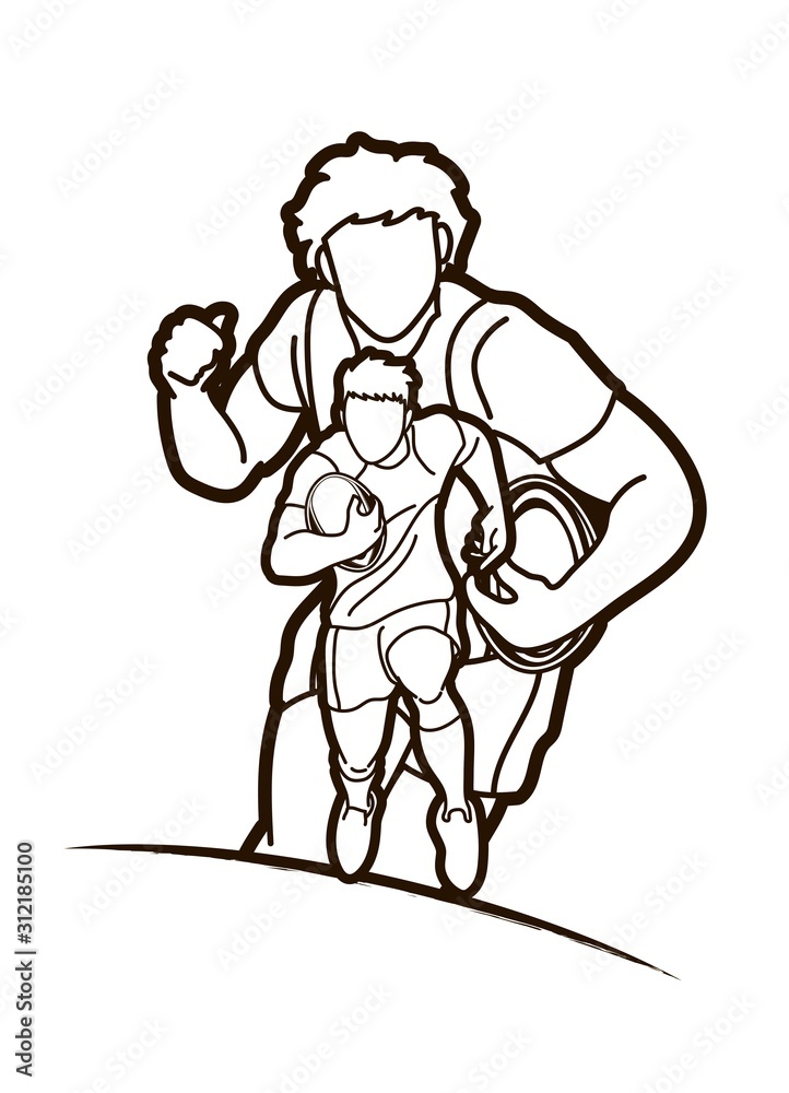 Group of Rugby players action cartoon sport graphic vector