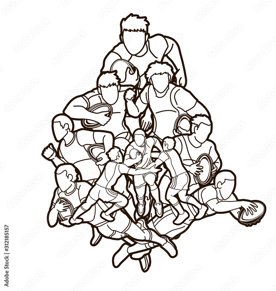 Group of Rugby players action cartoon sport graphic vector