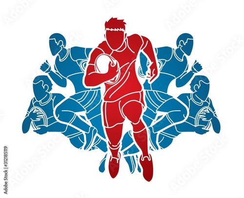 Group of Rugby players action cartoon sport graphic vector