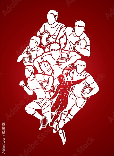 Group of Rugby players action cartoon sport graphic vector