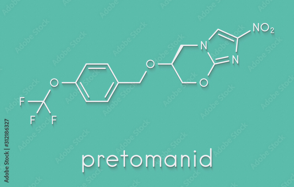 Naklejka premium Pretomanid tuberculosis drug molecule. Skeletal formula.
