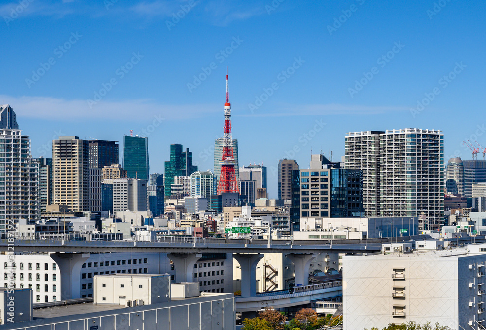  View of  Tokyo Tower landmark  from Rainbow bridge, Japan.