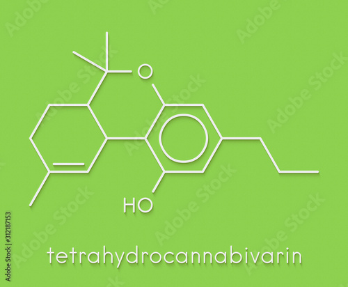 Tetrahydrocannabivarin or THCV cannabinoid molecule. Skeletal formula. photo