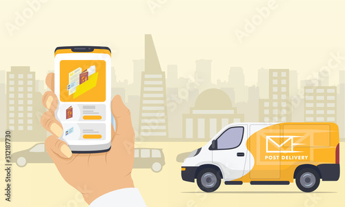 delivery document services with apps tracking smartphone and truck with city sillhouette background