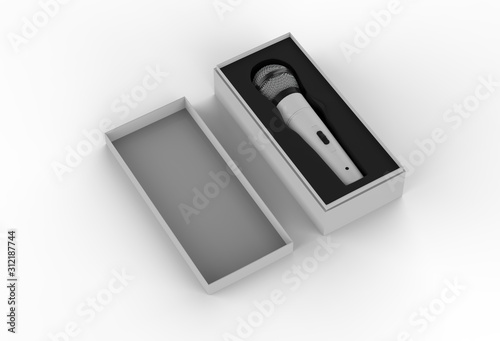 3d Microphone inside the box isolated on a white background. 3d illustration