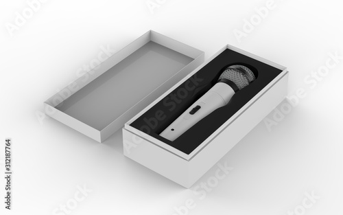 3d Microphone inside the box isolated on a white background. 3d illustration