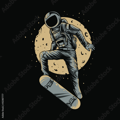 astronaut in space with skateboard on noight background