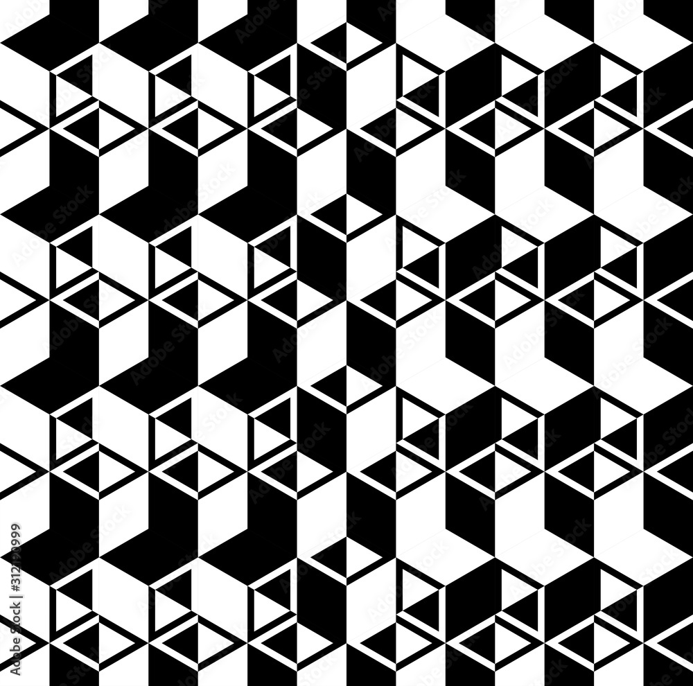 Black and white 3d square cubes or pipes vector background. Rhombus, triangle and hexagon repeat pattern background.