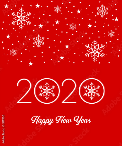 Happy New Year 2020 greeting card, invitation card with white snowflakes on red isolated background