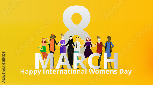 Portrait of modern society female, 8 march international women's day, various variations of lady's, together, sisterhood of different cultures
