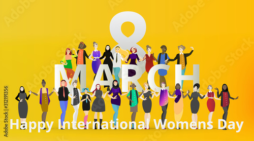 Portrait of modern society female, 8 march international women's day, various variations of lady's, together, sisterhood of different cultures