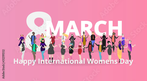 Portrait of modern society female, 8 march international women's day, various variations of lady's, together, sisterhood of different cultures