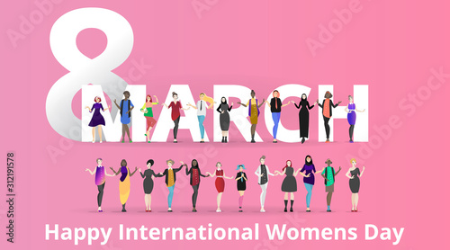 Portrait of modern society female, 8 march international women's day, various variations of lady's, together, sisterhood of different cultures