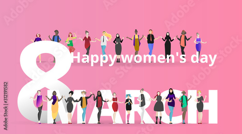 Portrait of modern society female, 8 march international women's day, various variations of lady's, together, sisterhood of different cultures