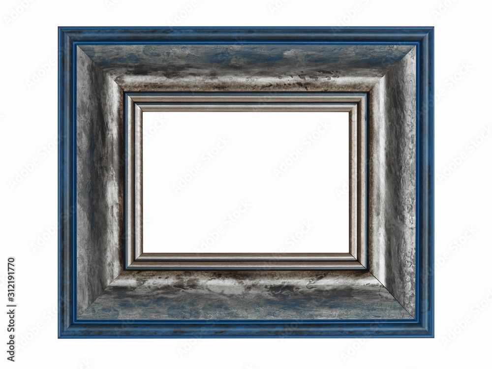 Wooden frame for paintings or photo with silver patina. Isolated on white Wooden frame for paintings or photo with silver patina. Isolated on white
