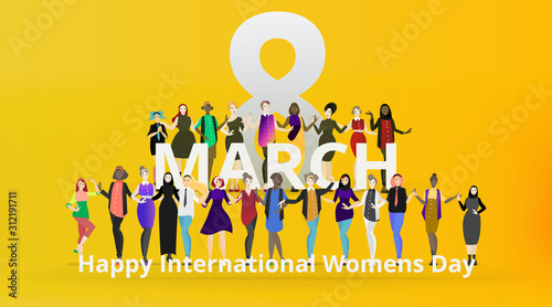 Portrait of modern society female, 8 march international women's day, various variations of lady's, together, sisterhood of different cultures