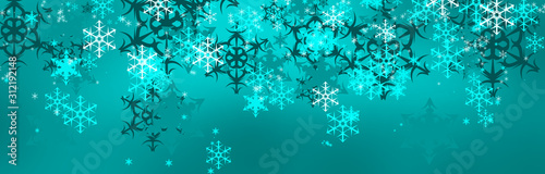 Foto Schneeflocken vor türkisfarbenem Bokeh Hintergrund, Frohe Weihnachten, Winter Ba