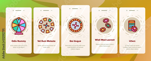Roulette Onboarding Mobile App Page Screen Vector. Casino Roulette, Fortune Wheel Gamble Game Gambling Chips And Dollar Mark Illustrations