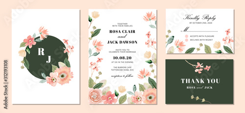 wedding invitation set with peach floral watercolor background