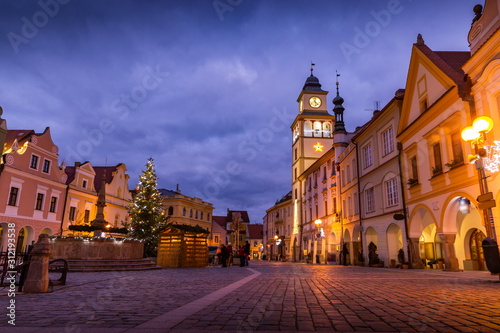 Christmas time on Masaryk square in the old town of Trebon  Czech Republic.