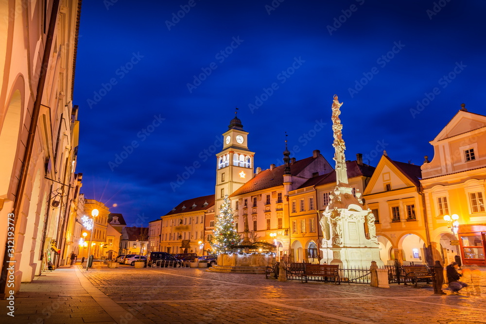 Night over Masaryk square. Center of a old town of Trebon, Czech Republic.